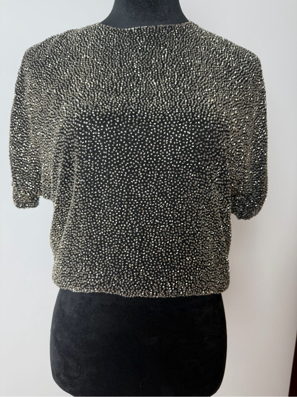 Oleg Cassini Black Bodysuit with Silver Beaded Detail VTG Size S